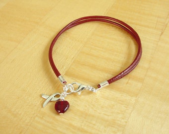 Brain Aneurysm Awareness Bracelet - Burgundy Leather Awareness Bracelet