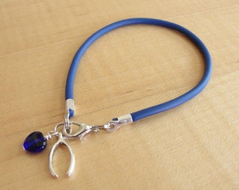 Osteogenesis Imperfecta Blue Awareness Bracelet -  (Rubber) with Wishbone Charm - Brittle Bones - OI Awareness