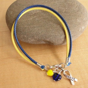 May include: A yellow and blue friendship bracelet with a silver charm that says "HOPE" and two heart charms, one yellow and one blue.