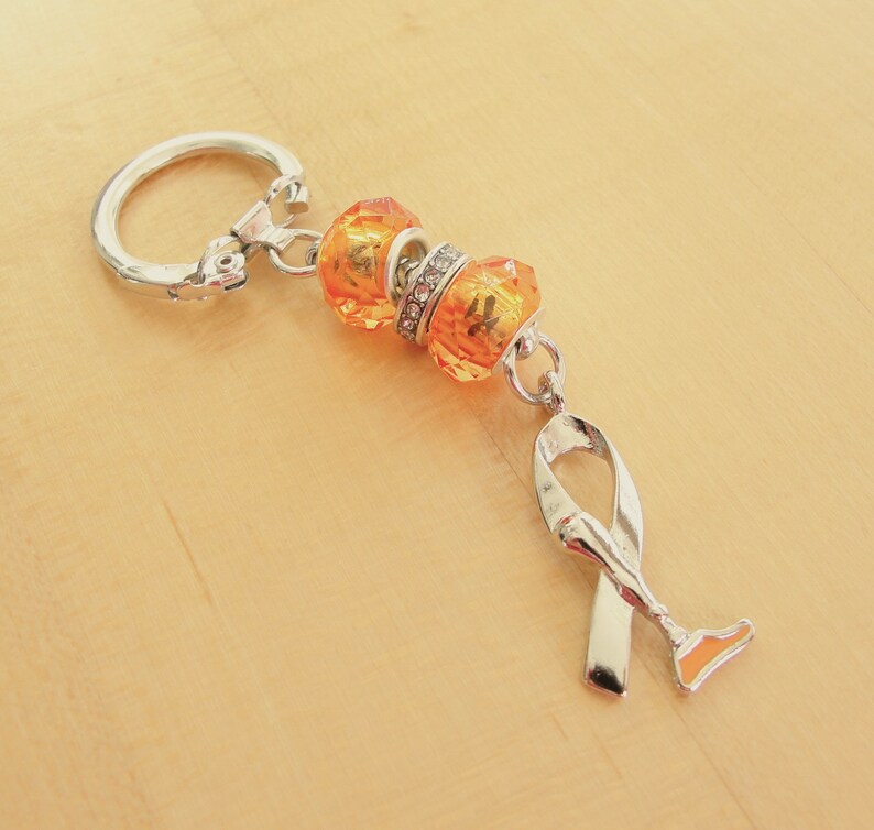 以下が含まれることがあります： オレンジとシルバーのチャームキーホルダーにリボンチャームが付いています。リボンチャームはリボン型で、先端に小さなオレンジのアクセントが付いています。
