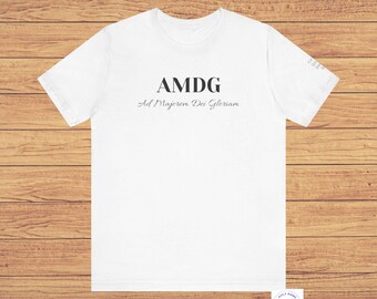 AMDG Latin Motto Catholic Logo Tee | Minimalist Faith Shirt, Sleeve Text