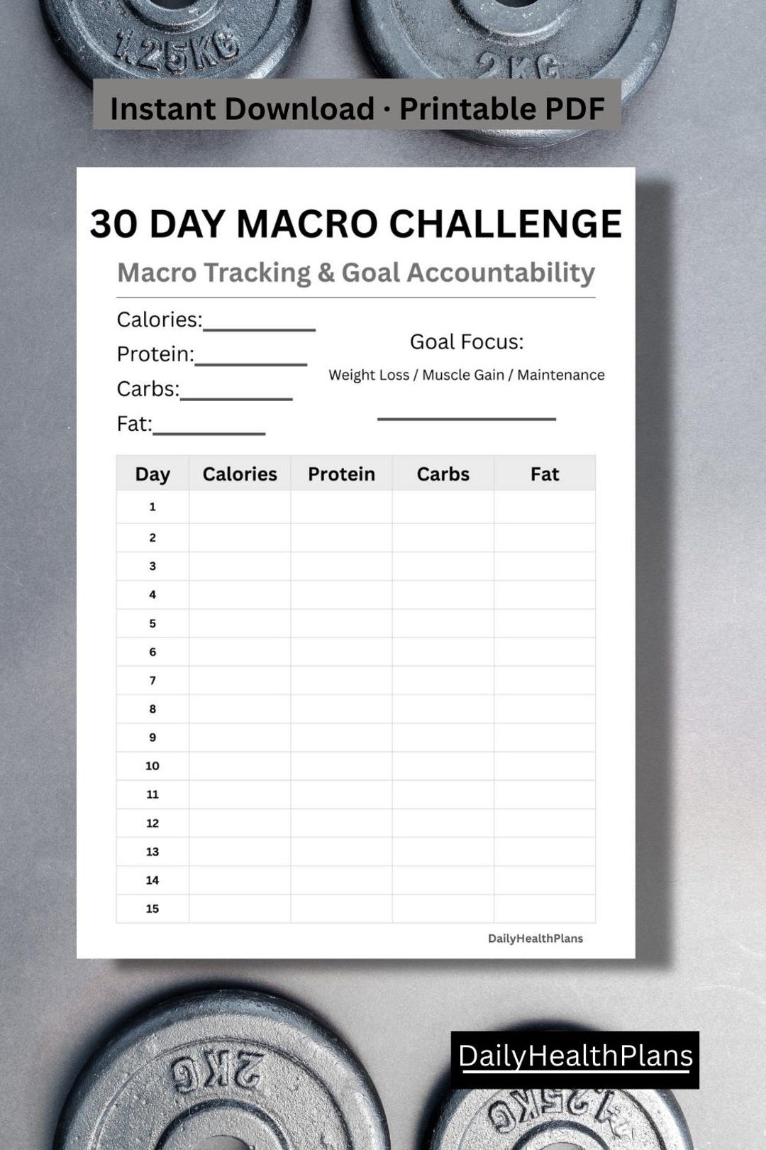 30 Day Macro Challenge Tracker | Calorie, Protein, Carb, Fat Log (A4 ...
