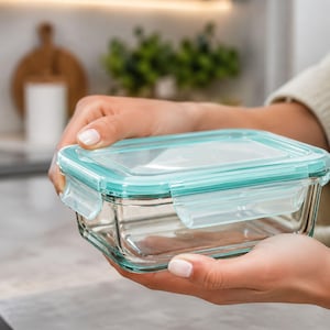 Puede incluir: Un recipiente rectangular de vidrio transparente para almacenar alimentos con una tapa de plástico color verde azulado claro. La tapa cuenta con cuatro pestañas laterales de bloqueo que aseguran la parte superior a la base de vidrio.
