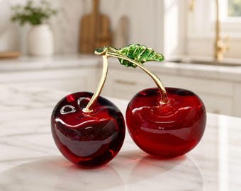 Pair of Cherries Glass Paperweight Ornaments, Crystal Red Cherry Fruit Decor, Unique Glass Home Office Ornament Decor, Glass Kitchen Fruits