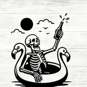 May include: A black and white graphic illustration featuring a skeleton sitting inside a flamingo-shaped pool float. The skeleton holds a bottle raised in the air with liquid splashing out. The scene includes a sun, clouds, and birds in the sky.