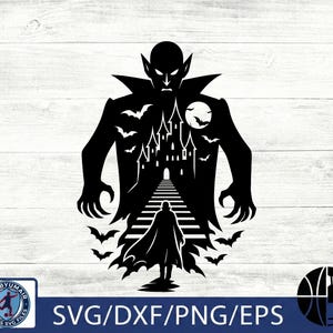 May include: Black silhouette of a vampire with a castle, bats, and a figure walking towards it. The design includes the text "SVG/DXF/PNG/EPS" and a logo.
