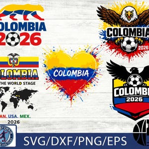Puede incluir: Una colección de gráficos con temática de fútbol de Colombia. Los diseños incluyen un jaguar, águilas, un corazón y un escudo, todos incorporando los colores de la bandera colombiana y el texto "COLOMBIA 2026". Los gráficos están disponibles en formatos SVG, DXF, PNG y EPS.
