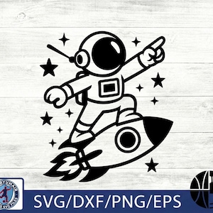 May include: Black and white illustration of an astronaut riding a rocket, pointing forward. The astronaut is wearing a spacesuit and helmet. Several stars are scattered around the astronaut and rocket. The image includes the text "SVG/DXF/PNG/EPS".