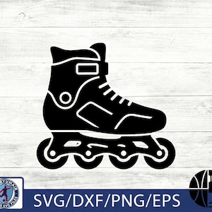 Peut inclure: Silhouette noire d'un patin à roulettes. L'image montre une vue latérale d'un patin à roulettes avec des roues, des lacets et une boucle. Le texte "SVG/DXF/PNG/EPS" est affiché dans un rectangle bleu sous le patin.