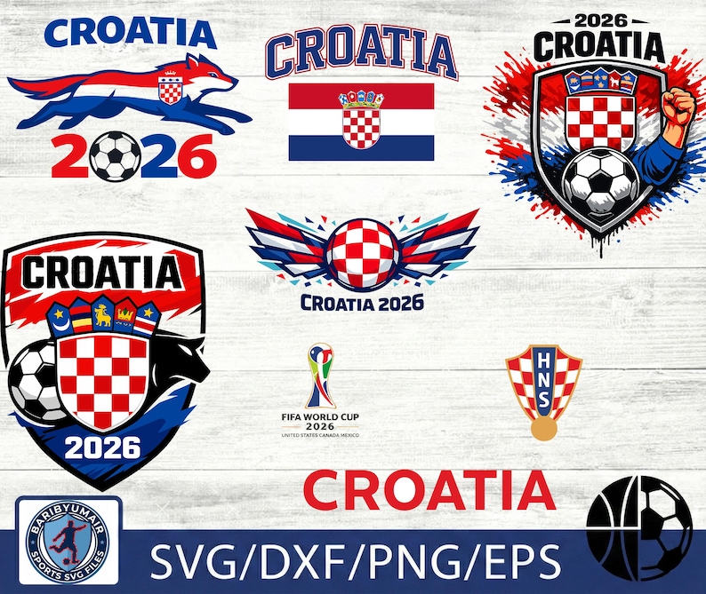 Croatia soccer SVG bundle featuring multiple football fan designs including red and white checker shield badge logo, wolf mascot graphic, Croatia 2026 typography, paint splash soccer ball art and national flag inspired red white blue graphics. Dynamic sports illustrations perfect for Cricut shirts, decals, stickers, posters and tournament watch party crafts. Digital download files available in SVG, PNG, DXF and EPS formats.