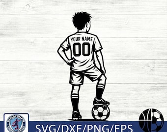 Joueur de football personnalisé SVG | Silhouette personnalisée de garçon de football avec nom et numéro | Fichier de coupe Cricut SVG PNG