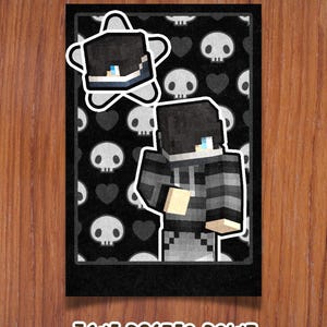 May include: A black and white poster print featuring a pixelated character design. The background is patterned with skulls and hearts. The text "ZANE POSTER PRINT" is at the bottom. The character is wearing a black and gray striped hoodie.