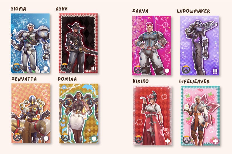 May include: A collection of eight rectangular character cards featuring Overwatch heroes Sigma, Ashe, Zarya, Widowmaker, Zenyatta, Domina, Kiriko, and Lifeweaver. Each card displays a unique background color, pattern, and role icon, with the character name printed above each individual card.