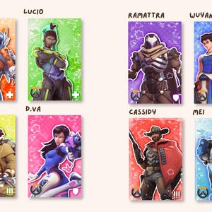 May include: A collection of eight rectangular character cards featuring Overwatch heroes Juno, Lucio, Ramattra, Wuyang, Venture, D.Va, Cassidy, and Mei. Each card displays a unique character illustration against a vibrant, patterned background.