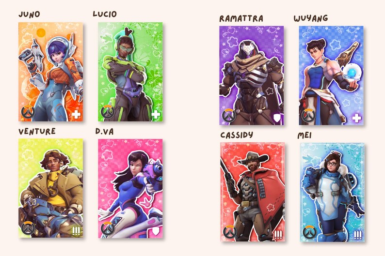 May include: A collection of eight rectangular character cards featuring Overwatch heroes Juno, Lucio, Ramattra, Wuyang, Venture, D.Va, Cassidy, and Mei. Each card displays a unique character illustration against a vibrant, patterned background.