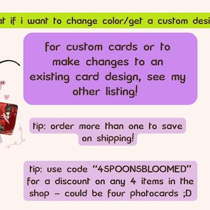 May include: An informational graphic with a light green header reading what if i want to change color/get a custom design? and purple text boxes. It displays three character photocards and text regarding custom orders, shipping, and the discount code 4SPOONSBLOOMED.