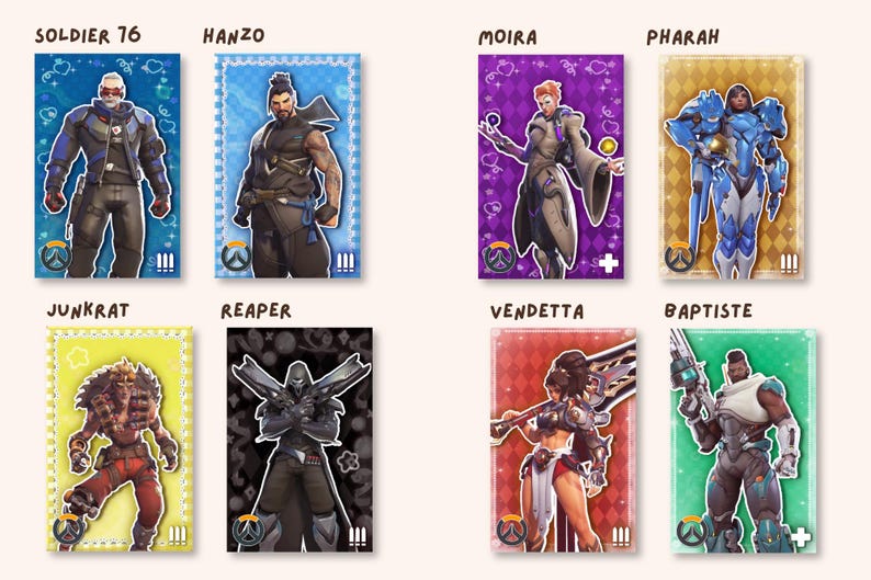 May include: A collection of eight rectangular character cards featuring Overwatch figures: Soldier 76, Hanzo, Moira, Pharah, Junkrat, Reaper, Vendetta, and Baptiste. Each card displays a unique background color, character illustration, and role icon.
