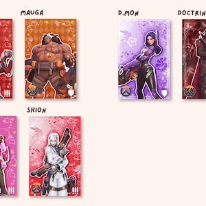 May include: Six rectangular character cards featuring Overwatch heroes Torbjorn, Mauga, D.Mon, Doctrine, Sierra, and Shion. Each card displays a unique color scheme, character illustration, and specific role icon in the bottom corner, set against a patterned background with thematic decorative elements.