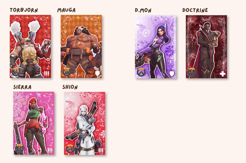 May include: Six rectangular character cards featuring Overwatch heroes Torbjorn, Mauga, D.Mon, Doctrine, Sierra, and Shion. Each card displays a unique color scheme, character illustration, and specific role icon in the bottom corner, set against a patterned background with thematic decorative elements.