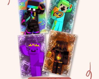 May include: Four rectangular trading cards featuring Minecraft-style characters with the text unstable smp. The cards display a black character with neon accents, a green parrot-like figure, a purple character with a crown, and a dark fiery figure.