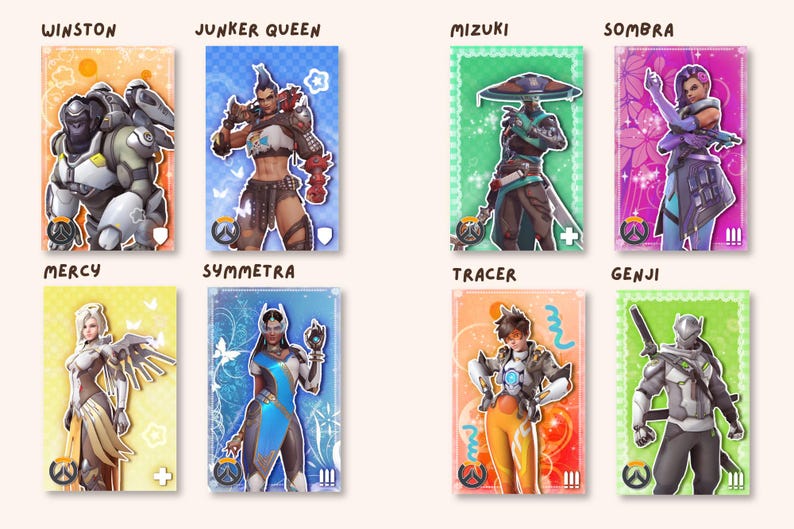 May include: A set of eight rectangular character cards featuring Overwatch heroes: Winston, Junker Queen, Mizuki, Sombra, Mercy, Symmetra, Tracer, and Genji. Each card displays a unique color background, character name, and a specific role icon.