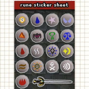 Puede incluir: Una hoja de pegatinas con varios símbolos de runas en un patrón de cuadrícula. La hoja tiene un encabezado rojo con el texto "rune sticker sheet". Un gráfico de espada está en la parte inferior. Las pegatinas son grises con símbolos coloridos.