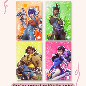 May include: Four rectangular Overwatch photocards featuring character illustrations. Top left: blue-haired character in orange and blue gear. Top right: green-themed character. Bottom left: brown-haired character in yellow and blue. Bottom right: pink-themed character.