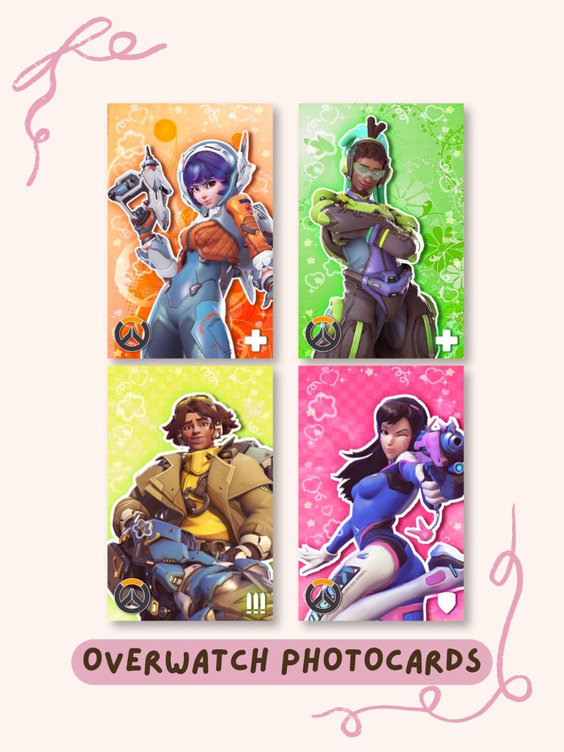 May include: Four rectangular Overwatch photocards featuring character illustrations. Top left: blue-haired character in orange and blue gear. Top right: green-themed character. Bottom left: brown-haired character in yellow and blue. Bottom right: pink-themed character.