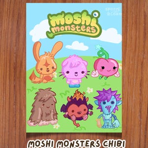 Puede incluir: Un póster con el texto "Moshi Monsters Chibi Poster Print". El póster muestra monstruos de dibujos animados de varios colores sobre un fondo azul claro. El logotipo de Moshi Monsters está en la parte superior.