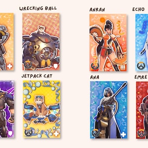 May include: A collection of eight rectangular character cards featuring Overwatch heroes and figures labeled Brigitte, Wrecking Ball, Anran, Echo, Hazard, Jetpack Cat, Ana, and Emre. Each card displays a unique character illustration with a distinct color background, decorative patterns, and a small role icon in the bottom corner.