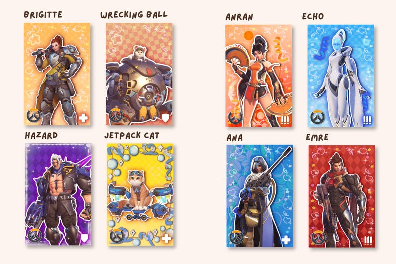 May include: A collection of eight rectangular character cards featuring Overwatch heroes and figures labeled Brigitte, Wrecking Ball, Anran, Echo, Hazard, Jetpack Cat, Ana, and Emre. Each card displays a unique character illustration with a distinct color background, decorative patterns, and a small role icon in the bottom corner.
