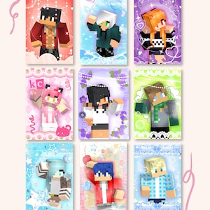 May include: Nine Aphmau photocard designs featuring various characters in a pixelated style. Each card has a unique background with decorative elements like hearts, stars, and flowers. The cards showcase characters with diverse hair colors and outfits. The text "APHMAU PHOTOCARDS" is at the bottom.