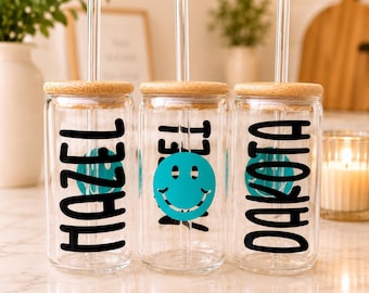 Personalized Glass Can Cup with Bamboo Lid and Glass Straw