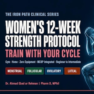 May include: An advertisement for "Women's 12-Week Strength Protocol" with the text "Train With Your Cycle." The image features a stylized illustration of a woman in a workout pose, with text indicating the program is for gym, home, and zero equipment. The program is beginner to intermediate.