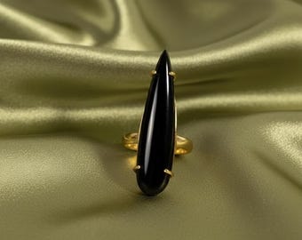 Long Black Onyx Teardrop Ring - Gold Plated Sterling Silver Statement Ring - Dainty Gothic Jewelry