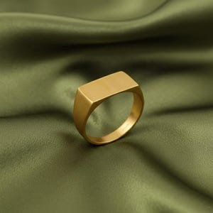 May include: A gold-colored signet ring with a rectangular top. The ring has a smooth, polished finish and is set against a green background. The ring's design is simple and modern, suitable for everyday wear.