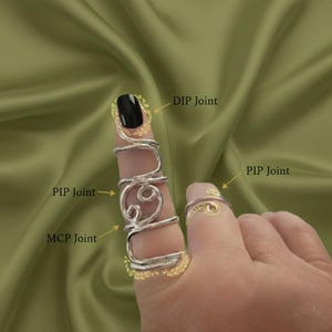 May include: A silver-toned metal finger splint ring featuring a swirling wire design that wraps around the finger. The image includes text labels pointing to the DIP Joint, PIP Joint, and MCP Joint to indicate placement on the finger joints.