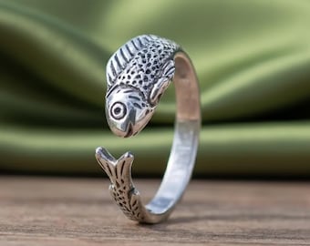 Sterling Silver Koi Fish Ring | Adjustable Wrap, Nautical Jewelry
