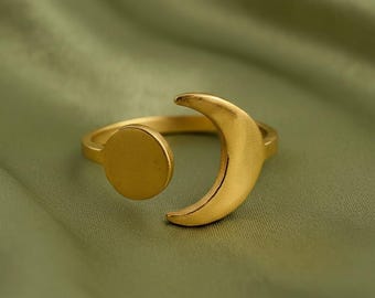 Gold Sun and Moon Ring, Celestial Ring, Dainty Rings, Adjustable Ring, Open Band Statement Ring