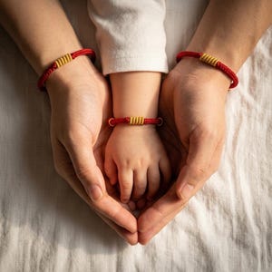 以下が含まれることがあります： 手首と子供の手首に赤い金色のブレスレット。ブレスレットは、金色の円筒形アクセントが付いた編み込みの赤いコードです。手は子供の手を包み込むように配置され、ハートの形を作り出しています。