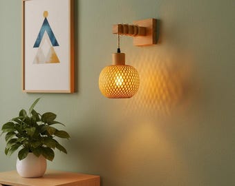 Handwoven Bamboo Rattan Wall Sconce – Japanese Wabi Sabi Night Light
