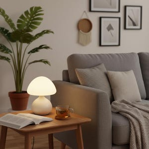 Pode incluir: Uma lâmpada de mesa branca em forma de cogumelo emite uma luz suave sobre uma mesa lateral de madeira. Um livro aberto e um copo de chá também estão presentes. Um sofá cinza com almofadas e um cobertor está no fundo, junto com arte emoldurada e uma planta em vaso.