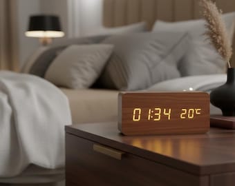 Wooden LED Alarm Clock – Sound Activated, Cozy Night Light