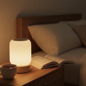 Puede incluir: Una lámpara de noche blanca con diseño acanalado sobre una mesita de noche de madera. Una taza de té y un libro abierto también están sobre la mesa. La lámpara es cilíndrica con base marrón claro.