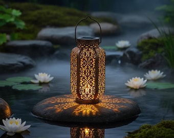 Moroccan Solar Lantern – Metal Filigree Garden Decor, Boho Patio Lighting (Solar Powered)
