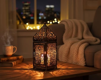 Moroccan Geometric Lantern – Bronze Metal Candle Holder, Exotic Home Decor Lamp