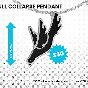 May include: A silver-toned pendant with a black enamel design, suspended from a chain. The pendant, measuring 1.75 inches, features the text "FULL COLLAPSE PENDANT". The price is $30.