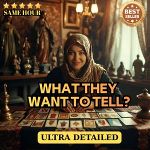 Puede incluir: Una mujer sentada en una mesa con cartas del tarot, con el texto "WHAT THEY WANT TO TELL?" y "ULTRA DETAILED". La imagen también incluye el texto "SAME HOUR" y "BEST SELLER".