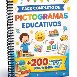 Puede incluir: Un libro educativo con espiral con el título "PACK COMPLETO DE PICTOGRAMAS EDUCATIVOS" en letras grandes y coloridas. La portada presenta ilustraciones de una cara sonriente, un autobús y un niño. Incluye "+200 LAMINAS LISTAS PARA IMPRIMIR".