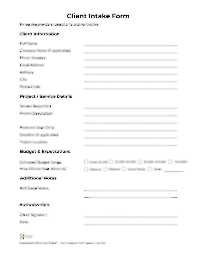 Client Intake Form | Editable PDF Business Template (digital Download ...